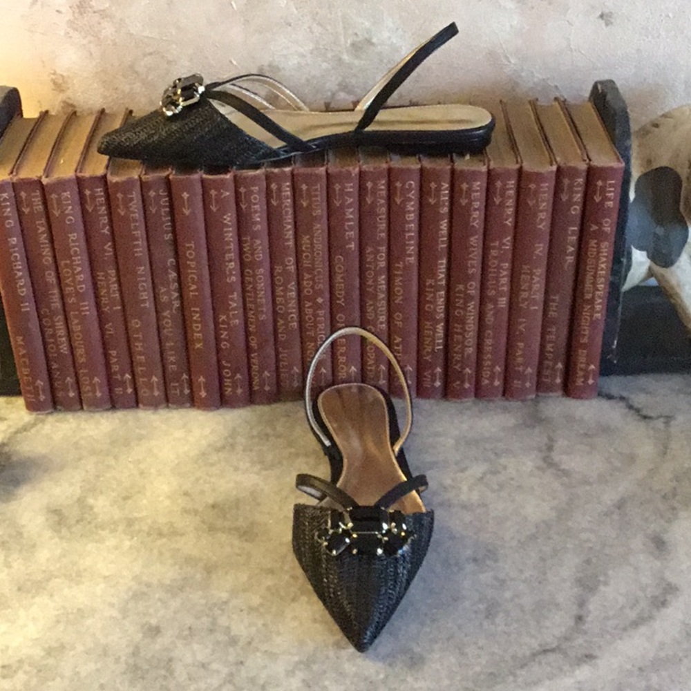Lilly Pulitzer Remi Woven Stone Accent Noir Black Flat Slingback Shoes NWOB 6.5M